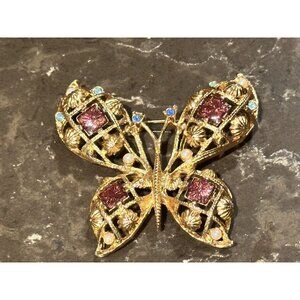 AVON 2.5" BUTTERFLY BROOCH PIN GOLD PURPLE ENAMEL BLUE RHINESTONES FAUX PEARL EU